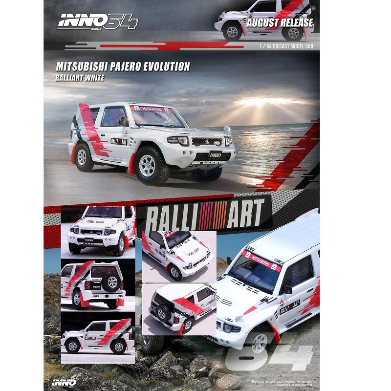 Mitsubishi Pajero Evolution RHD (Right Hand Drive) White with Graphics "Ralliart" 1/64 Diecast Model Car by Inno Models, 2 of 4