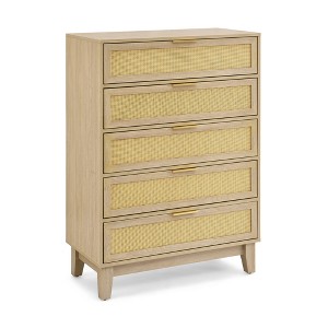 VYNXARIA Bedroom 5 drawer dresser, rattan dresser modern wooden chest of drawers with spacious storage space for bedroom hallway living room - 1 of 4