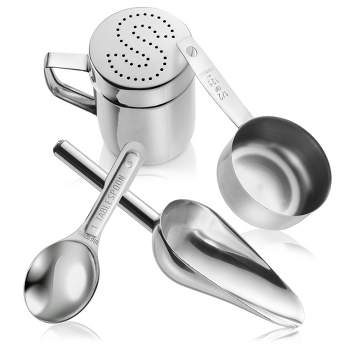 Olde Midway Stainless Steel Popcorn Machine Accessories, 4pc Set with Measuring Scoop, Spoons, and Salt Shaker