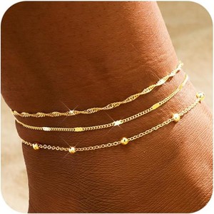 2/3 PCS Gold Waterproof Cuban Link Anklet for Women 14K Gold Plated Non Tarnish Lightweight - 1 of 4