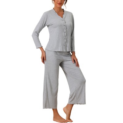 cheibear Women's Long Sleeve Button Down Top with Pants Pajama Sets 2 Pcs