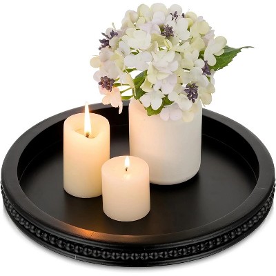 Attop Decorative Tray: White Beaded Round Wood Tray Circle Candle Tray Centerpiece Decor for Bathroom