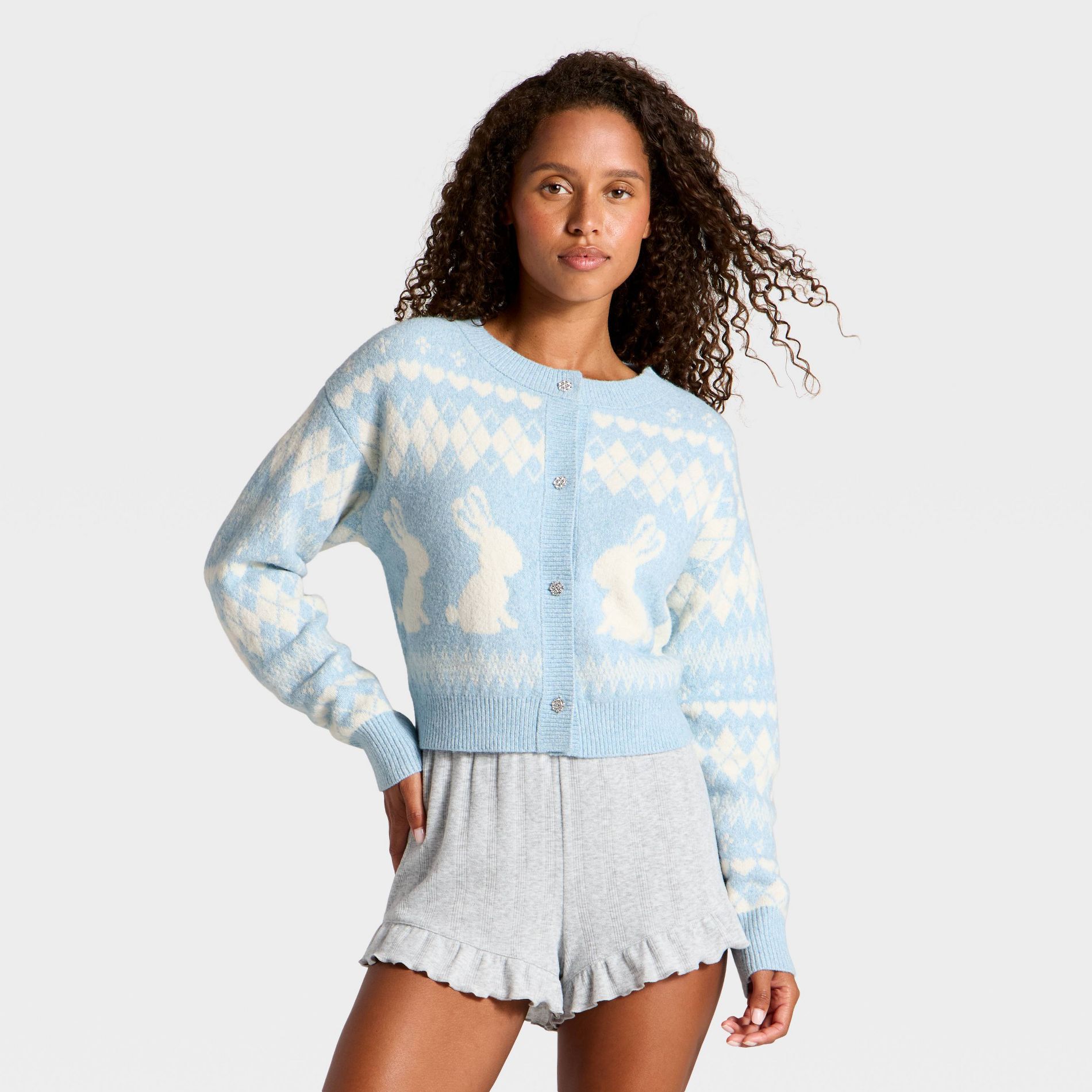 Women's Rabbit Print Cropped Cardigan Sweater - Wild Fable™ Blue M