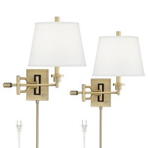 Barnes and Ivy Eleganta Vintage Swing Arm Wall Lamps Set of 2 Brushed Satin Brass Plug-In Light Fixture White Linen for Bedroom - 1 of 4