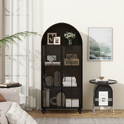 Arched Storage Cabinet with Glass Doors and Open Shelves Modern Metal Pantry Organizer for Kitchen Dining Room or Living Room Display- The Pop Home