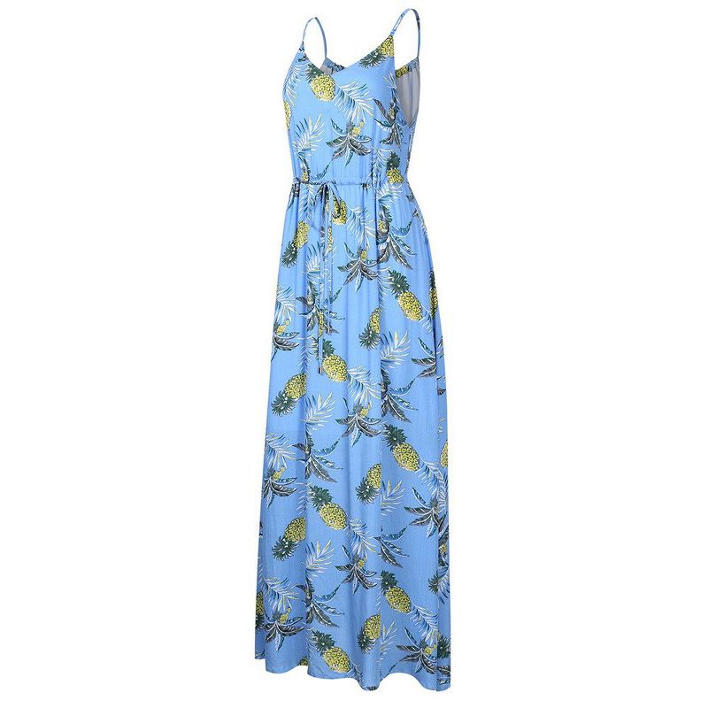 Womens V Neck Adjustable Spaghetti Strap Dress Sleeveless Boho Beach Floral Maxi Dress with Pockets, 3 of 11