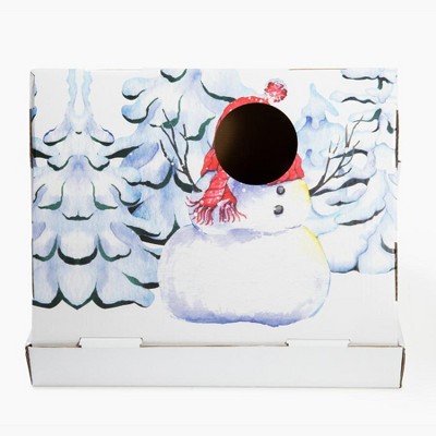 Festive Snowman Cardboard Cat Scratcher House with Toy
