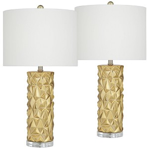360 Lighting Modern Table Lamps 26 1/2" High Set of 2 Gold Textured Diamond Ceramic White Fabric Drum Shade for Bedroom Living Room House Home Bedside - 1 of 4
