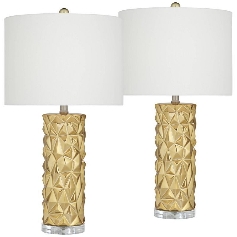 360 Lighting Modern Table Lamps 26 1/2" High Set of 2 Gold Textured Diamond Ceramic White Fabric Drum Shade for Bedroom Living Room House Home Bedside, 1 of 10