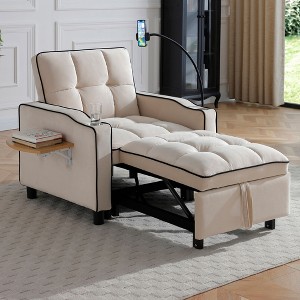 NicBex 3-in-1 Convertible Sleeper Chair Sofa Bed with Cup Holders, Phone Pocket & Side Table, Adjustable Pull Out Bed for Small Spaces, Beige - 1 of 4