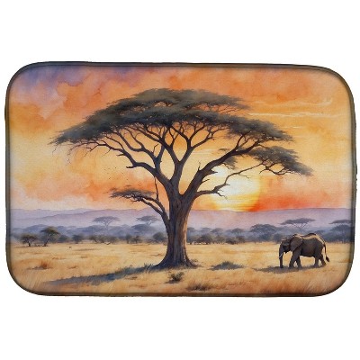 Elephants Savanna Sunrise Dish Drying Mat Absorbent Dish Drying Mat Pad for Kitchen Counter Dish Drainer Mat for Countertop, 14 x 21", Multicolor