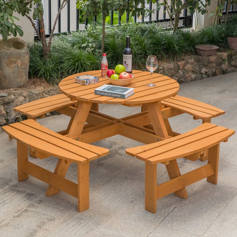 Gardenised Wooden Outdoor Patio Garden Round Picnic Table with Bench, 8 Person, 2 of 12