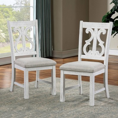Lexin Padded Dining Side Chair Antique White/Dark Oak - miBasics: Distressed Cut-Out Backrest, Gray Upholstered, Wood Legs