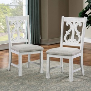 Lexin Padded Dining Side Chair Antique White/Dark Oak - miBasics: Distressed Cut-Out Backrest, Gray Upholstered, Wood Legs - 1 of 4