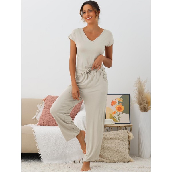 Conjunto de ropa de estar por casa de punto de 2 piezas para mujer: top de manga corta con escote en V y pantalón largo con cordón - cheibear 2