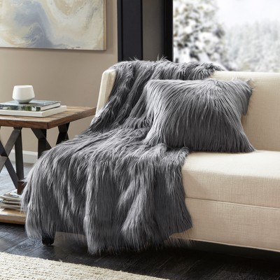 20"x20" Gray Faux Fur Square Throw Pillow