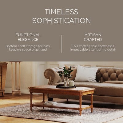Antiqued Natural Rectangular Wooden Coffee Table with Shelf