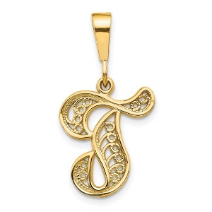 Black Bow Jewelry 14k Yellow Gold, Maci Collection, LG Filigree Script Initial T Pendant - 1 of 4