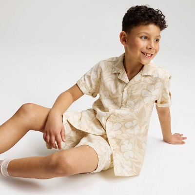 Детские Cat & Jack Boy's Short Sleeve Tropical Print Linen Blend Button-Up Shirt - Cat & Jack™ Cream M — фото 3