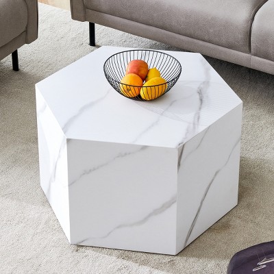 Modern Hexagon Coffee Table,27" MDF Accent Center Table with Wood Grain or Marble Patterned Finish for Living Room-Baofuwish