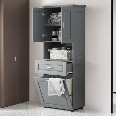 70" H Tall Bathroom Cabinet with Laundry Basket, Double Storage Cabinets with Doors and Open Storage Space - Leovsnove