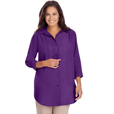 Woman Within Plus Size Three-Quarter Sleeve Peachskin Button Front Shirt