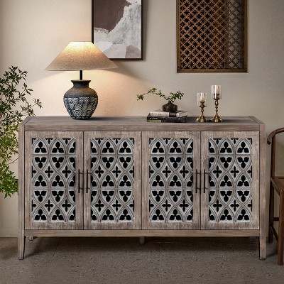 VYNXARIA Hollow Four-Door Antique Cabinet£¬American Country Style Storage for Living Room, TV Area, and Kitchen in Warm Brown Finish