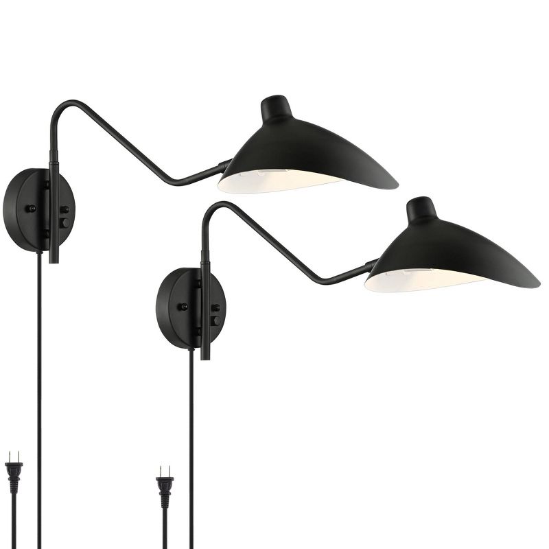 360 Lighting Colborne Modern Swing Arm Wall Lamps Set of 2 Black Plug-in Light Fixture Up Down Metal Shade for Bedroom Bedside Living Room Reading, 1 of 9