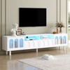 Cream TV Stand with LED Light, 80'' TV Fit, 5 Wood Legs, Textured Glass Door Storage, White - 4 of 4