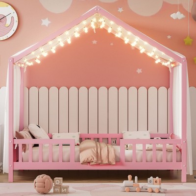 Okak Twin/Full Kids Floor House Bed Frame with Roof Design & Canopy,Modern Montessori Platform Bed,No Box Spring Needed