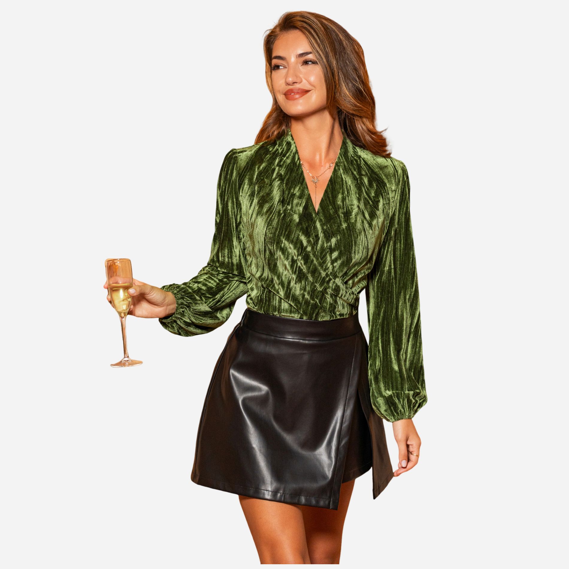Women's Green Chic Velvet Wrap Blouse with Balloon Sleeves - Cupshe-M-Green