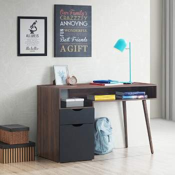 Costway Computer Desk PC Writing Table Study Workstation Drawer & Cabinet With Wood Legs