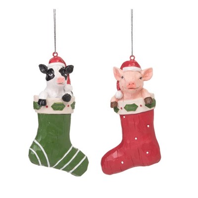 Transpac Resin Farm Animal Ornament Set of 2 Multicolored Indoor Christmas Tree Decorations Gift for Holiday Cheer