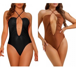 Elerevyo Women's Criss Cross Halter Cutout Drawstring Plunge Swimwear Bathing Suit Monokini 1 Piece 2 Sets - 1 of 4