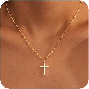 Christian Cross & Infinity Necklace for Women, 14K Gold/Silver Plated Non-Tarnish Religious Gift Satellite Bead Chain & Cross Necklace - 1 of 4