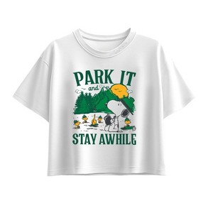 Girls' - Peanuts - Park It And Stay Awhile Short Sleeve Boxy Graphic T-Shirt - 1 of 3