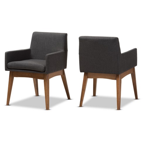 Set of 2 Nexus Mid Century Modern Walnut Wood Fabric Upholstered Dining Armchair Dark Gray Baxton Studio