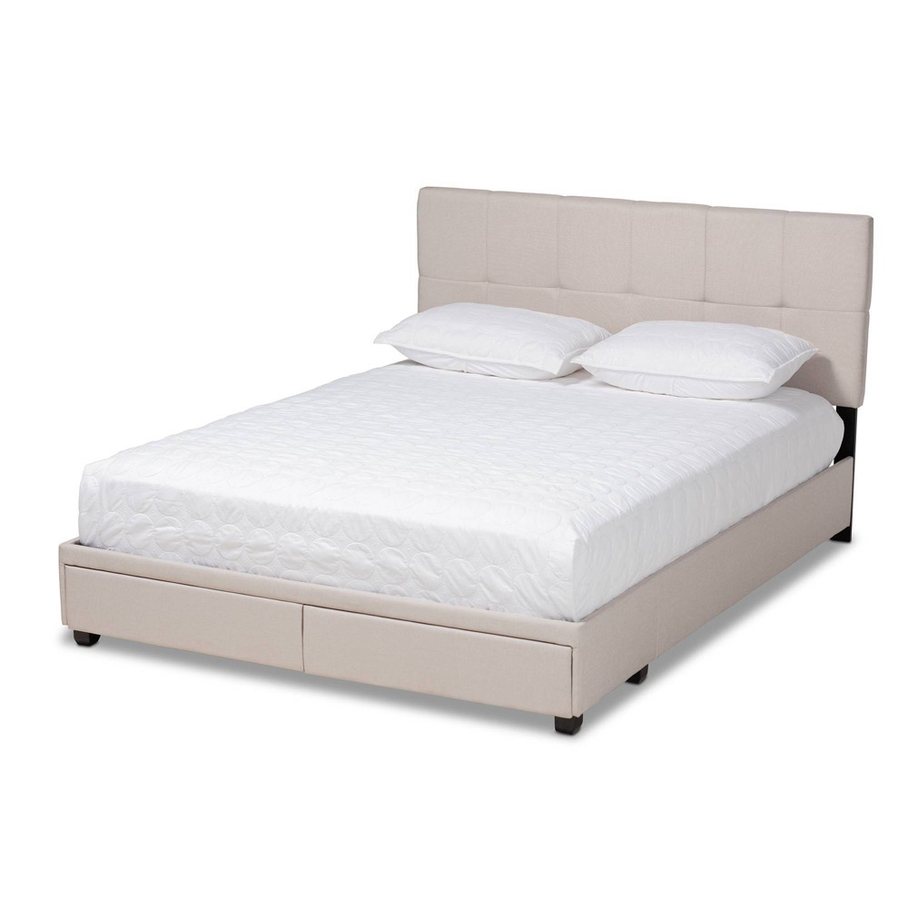 Photos - Bed Queen Netti Fabric Upholstered 2 Drawer Platform Storage  Beige/Black - Baxton Studio: Linen-Like Texture, Mid-Century De