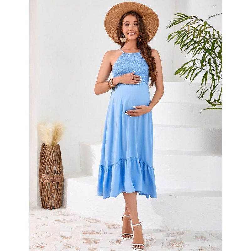 Maternity Halter Neck Dress Sleeveless Summer Casual Smocked Spaghetti Strap Maxi Dress Photoshoot Baby Shower, 2 of 9