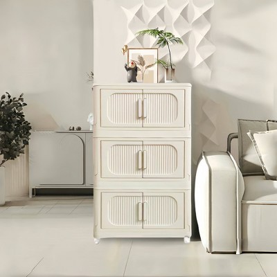 SKRAN Side Wide Folding Storage Cabinet,Multi-layer Closet organizers,Plastic Storage Bins with Magnetic Door and Wheels,Cream White B