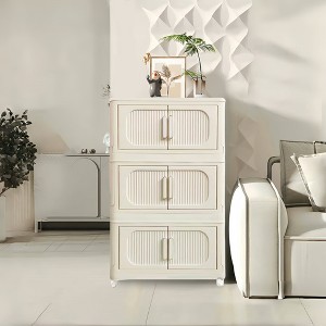 SKRAN Side Wide Folding Storage Cabinet,Multi-layer Closet organizers,Plastic Storage Bins with Magnetic Door and Wheels,Cream White B - 1 of 4