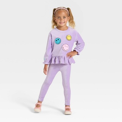 Toddler Girls' 2pc SmileyWorld Rib-Knit Velour Top and Pants Set - Purple