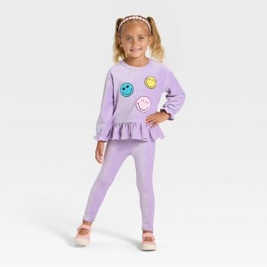 Toddler Girls' 2pc SmileyWorld Rib-Knit Velour Top and Pants Set - Purple - 1 of 4