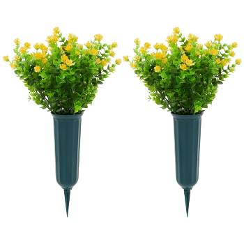 Bright Creations 6 Bundles Yellow Artificial Flowers with 2 Cone Vases, Faux Fake Plant for Cemetery, Outdoor Decor (8.6 x 13 In)
