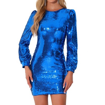 INSPIRE CHIC Women's Sequin Lantern Long Sleeve Sparkle Bodycon Party Club Mini Dress