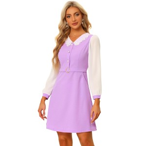 Allegra K Women's V Neck Button Decor Elegant Contract Panel Mini Dress - 1 of 4