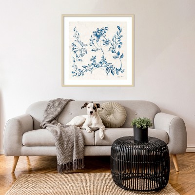 Blue Botanical Abstract Lithograph with Wood Frame, 33 x 33