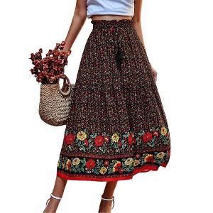 Women's Boho Floral Skirt Casual Drawstring Elastic High Waist Pleated Maxi Skirts Flowy A Line Beach Long Skirt - 1 of 4