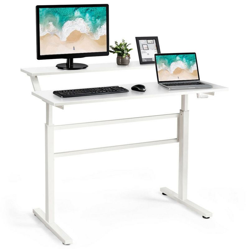 Costway Standing Desk Crank Adjustable Sit to Stand Workstation with Monitor Shelf Brown\Black, 1 of 11