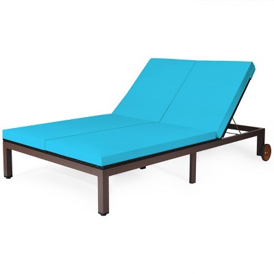 Tangkula 2-Person Patio Rattan Recliner Chair Chaise Lounge Daybed with Wheels & Cushion